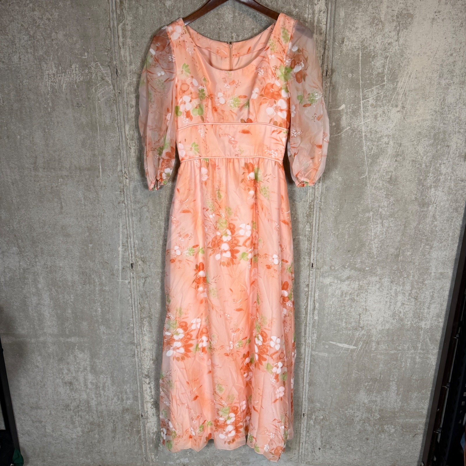 Vintage 70s Peach Floral Chiffon Maxi Dress Sheer Puff Sleeve Empire Waist Boho
